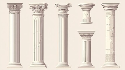 Obraz premium Vector illustrations of ancient Rome or Greece marble columns. Architectural set of classic columnar structures from Roman empire. Stone pillars for decorating historic temples or palaces.