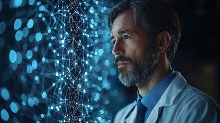 Doctor analyzing digital data network with futuristic technology interface