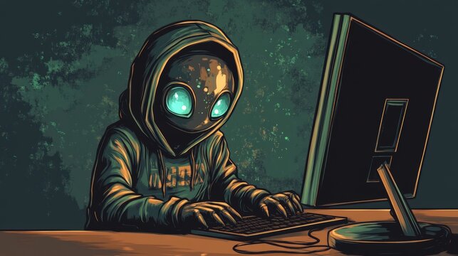 A digital illustration of an alien-like character in a hooded sweatshirt, using a computer.