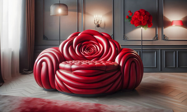 Stylisches rotes Sofa in Bl&uuml;tenform in einem Wohnraum , copy space