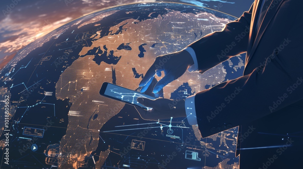 Poster businessman using smartphone with digital globe and data overlay
