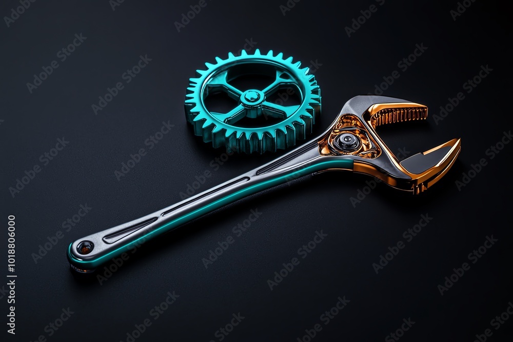 Poster Simple minimalist icon of a mechanical gear and a wrench, symbolizing the process of reverse engineering and mechanical deconstruction