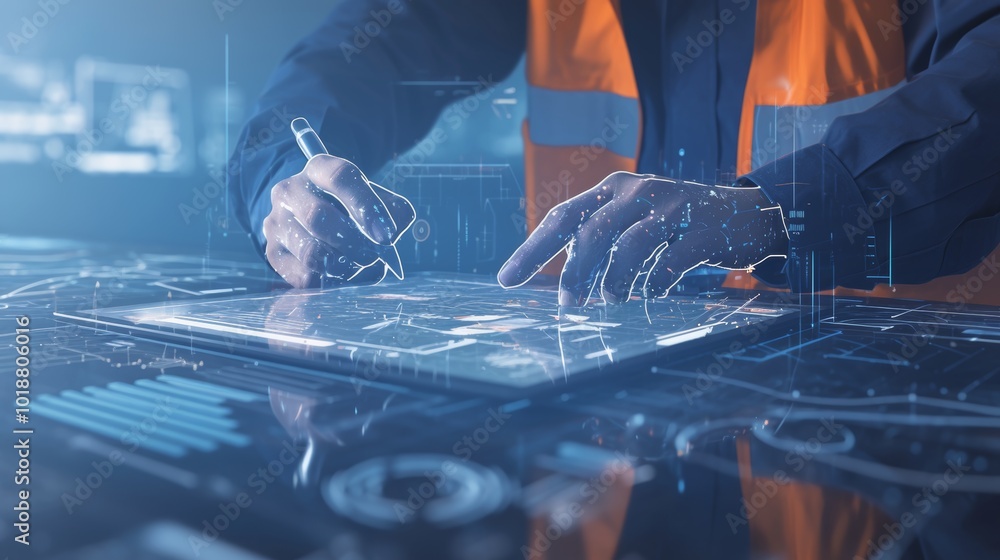 Poster engineer and architect collaborate using digital tablet technology