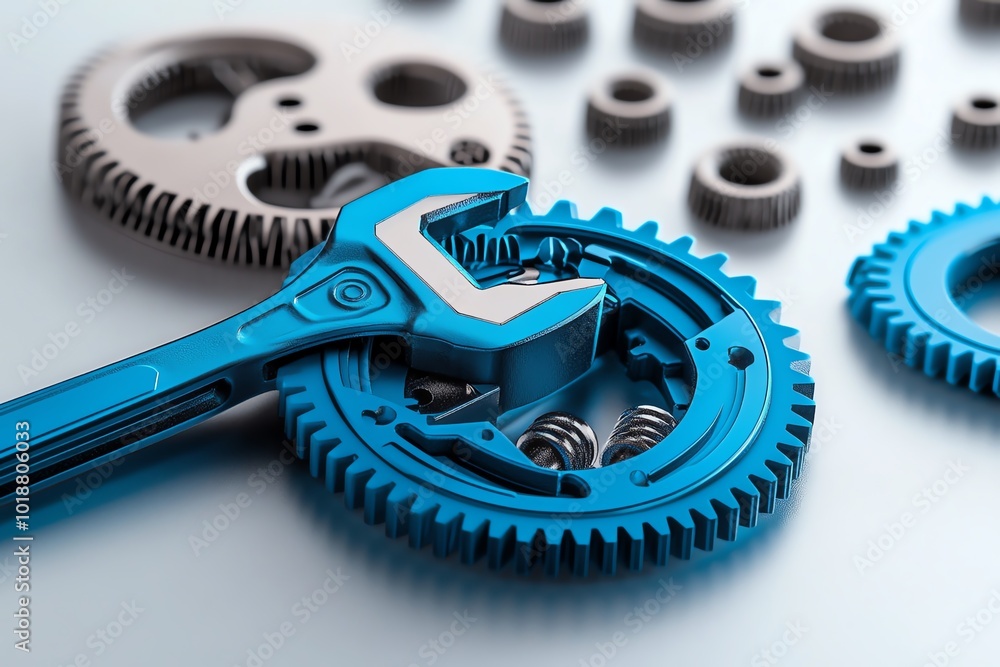 Poster Simple minimalist icon of a mechanical gear and a wrench, symbolizing the process of reverse engineering and mechanical deconstruction