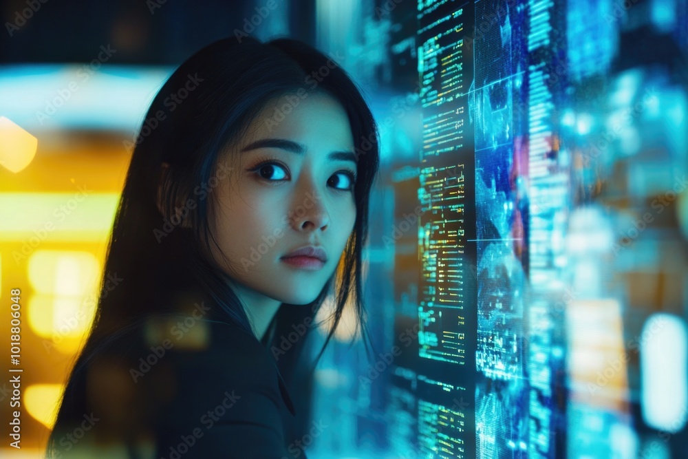 Leinwandbilder A person sitting in front of a computer monitor with various software and icons displayed