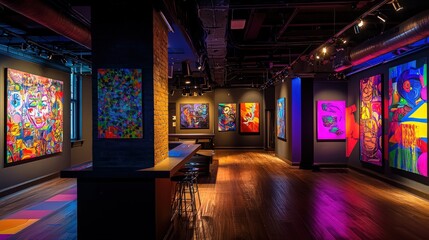 A modern indie art gallery with dim lighting, showcasing vibrant, colorful abstract pop artwork on canvas, creating an inviting artistic atmosphere.