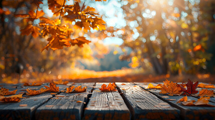 Wooden Table With Blurred Autumn Background And Orange Leaves
