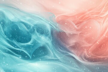 Fototapeta premium Abstract Pastel Blue and Pink Fabric with Heart Shapes and Glimmering Stars