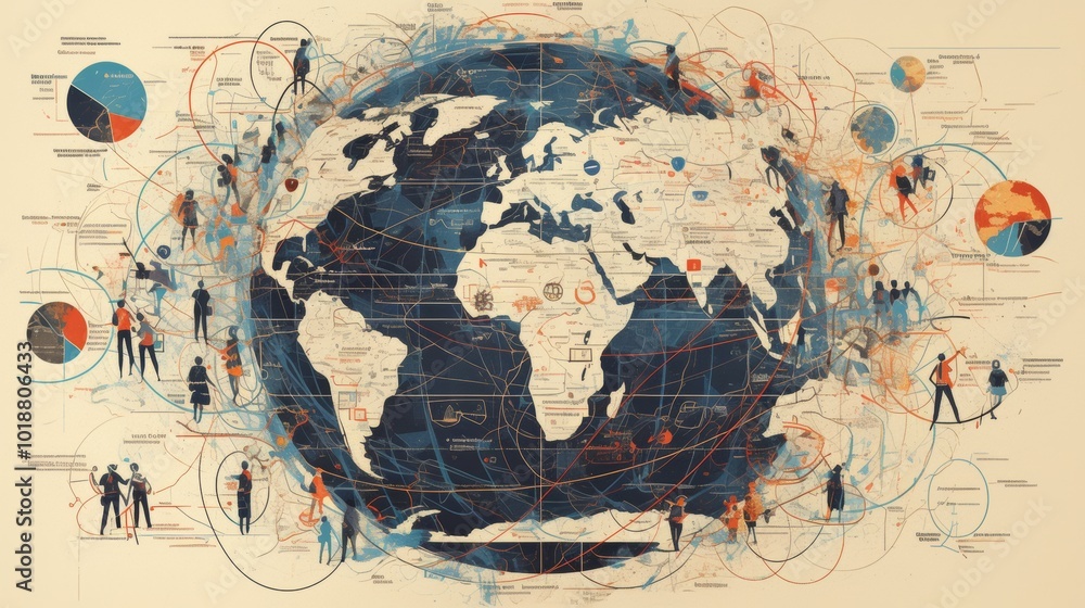 Poster global network connections represented on abstract world map