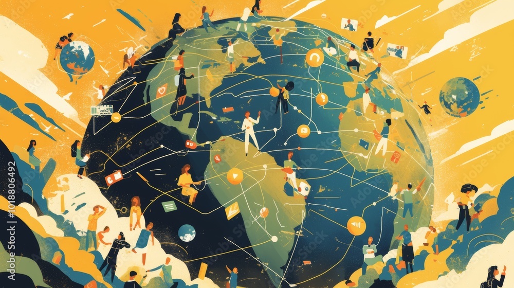 Poster global network connection visualized with people and digital links