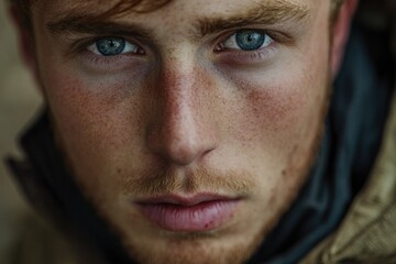 Obraz premium Portrait of a young adult male with striking blue eyes, ideal for use in personal or professional portraits