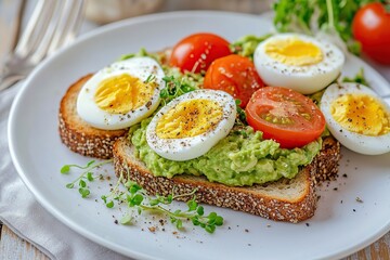 Delicious toast bread with avocado, boiled egg, tomatoes and microgreen