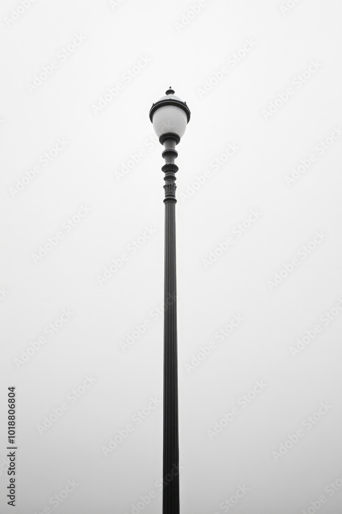 Poster a monochrome photograph of a street light standing alone on the road, capturing its simplicity and f