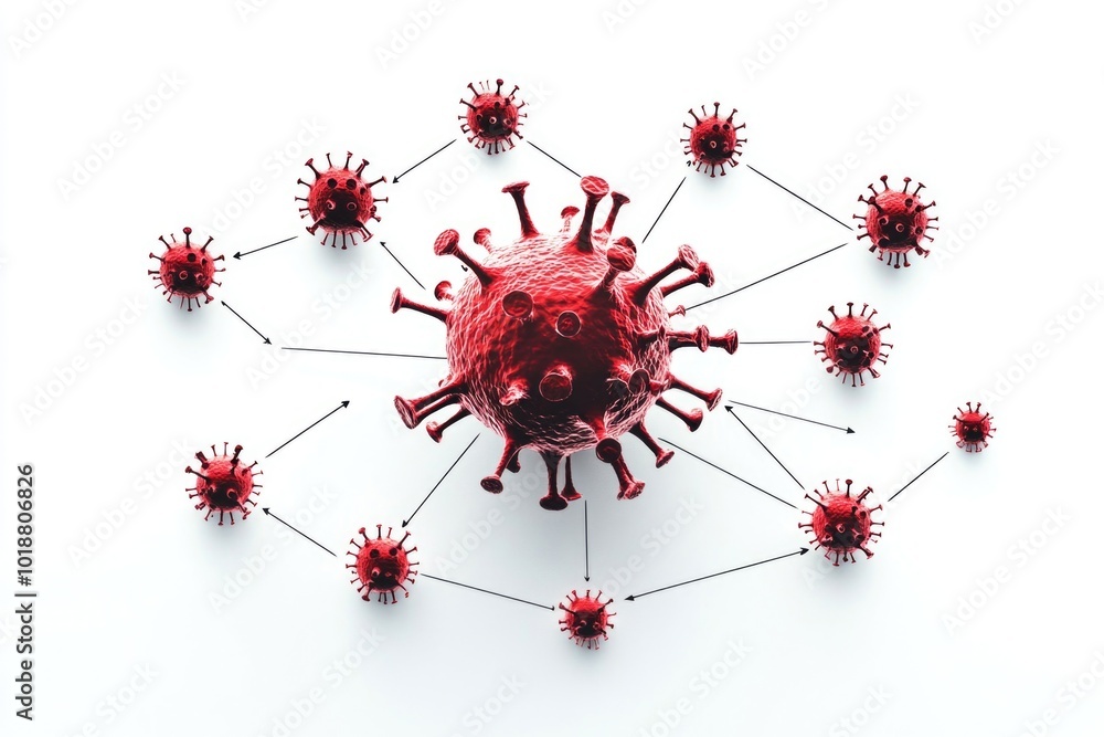 Poster Microscopic view of a cluster of red viruses on a white background, suitable for medical or science illustrations