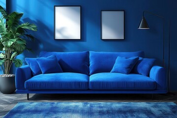 minimalist blue living room with oversized azure sofa sleek floor lamp and potted plant add contrast against monochromatic backdrop
