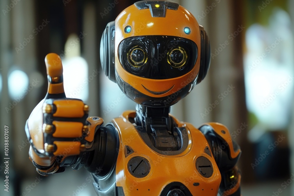 Poster A robot extending its mechanical arm to give a thumbs up sign, suitable for use in tech and innovation illustrations