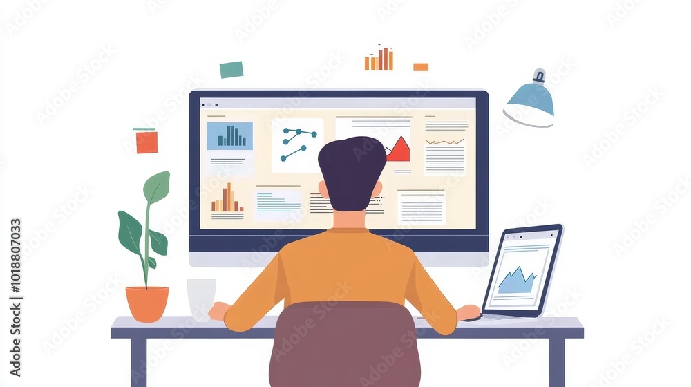 Fototapete webinar and online course concept. man in computer screen holding internet presentation and lecture 