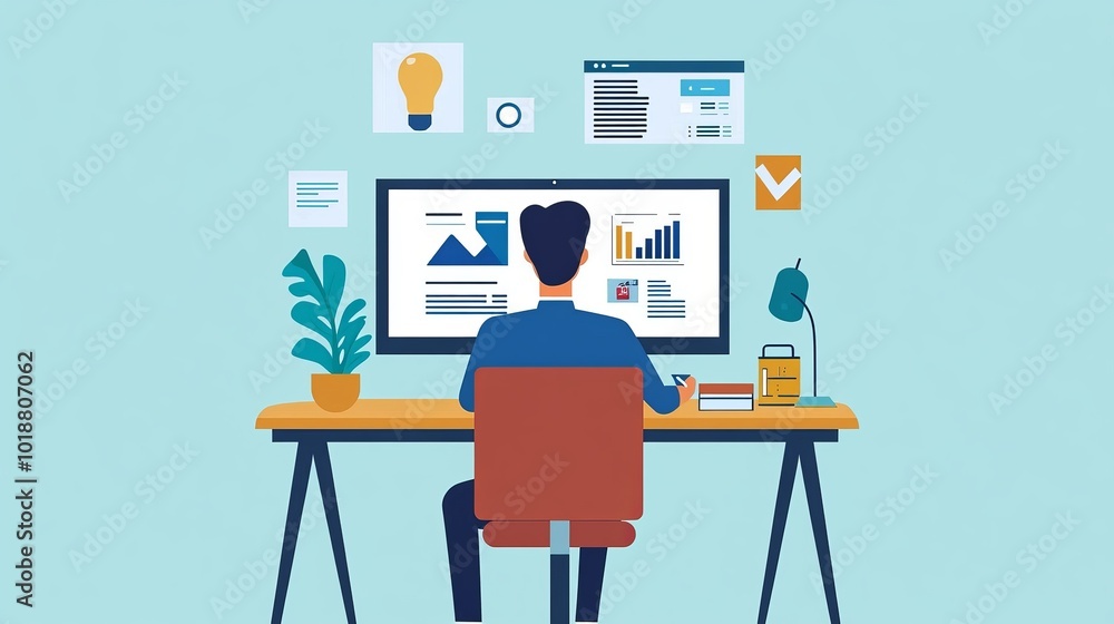 Fototapete webinar and online course concept. man in computer screen holding internet presentation and lecture 