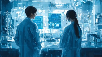 Obraz premium Medical professionals analyzing data in modern hospital laboratory