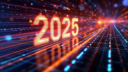 Digital representation of the year 2025 with glowing lines and dots in a futuristic setting - Powered by Adobe