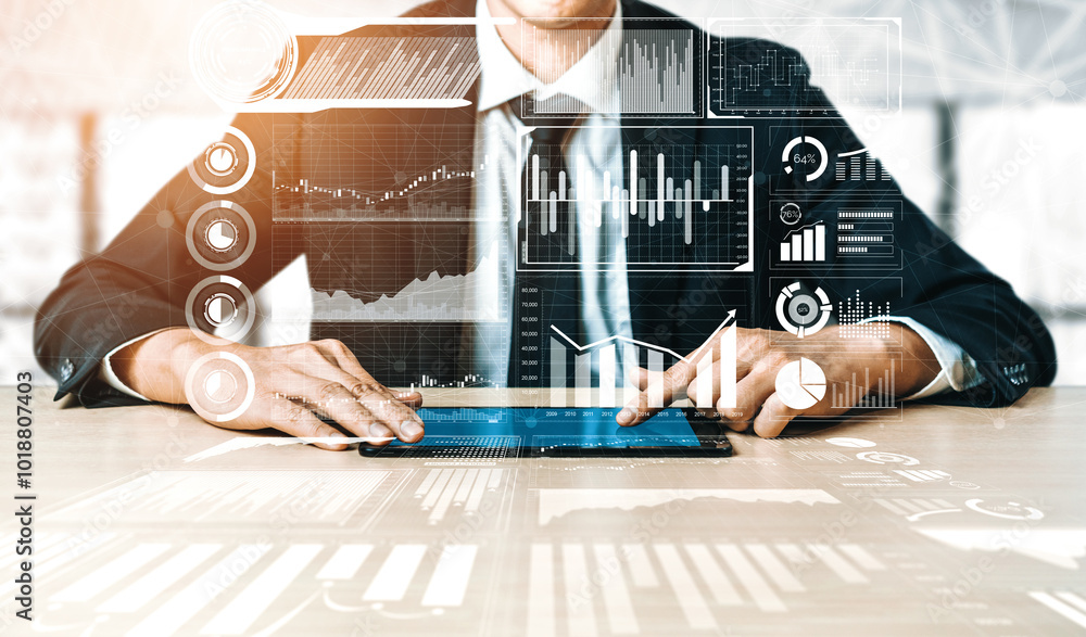 Poster data analysis for business and finance concept. interface showing future computer technology of prof
