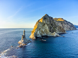 Aerial View The abandoned lighthouse Aniva in Sakhalin Island,Russia, at sunset