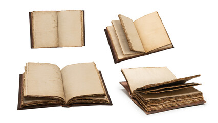 An open empty old notebook isolated on a white background.