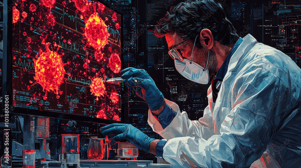 Poster scientist analyzing virus data on digital screen in high-tech lab