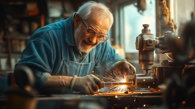 An elderly craftsman intensely focused on his work, sparks flying as he uses metalworking tools in a warmly lit workshop. - Powered by Adobe