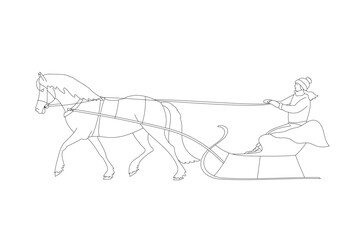 Outline drawing of a person riding a horse-drawn sleigh in winter clothing