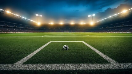 Well-lit soccer stadium readied for evening match. Professional sports background for advertisements.