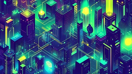 A vibrant, isometric cityscape rendered in a futuristic style with neon lights and glowing technology.