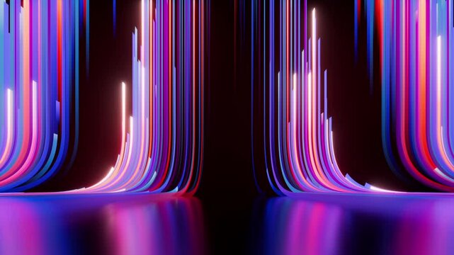 looping 3d animation. Abstract background. Blue pink neon stripes and ribbons appear randomly, glide endlessly along a curvy trajectory and disappear. Modern wallpaper in slow motion