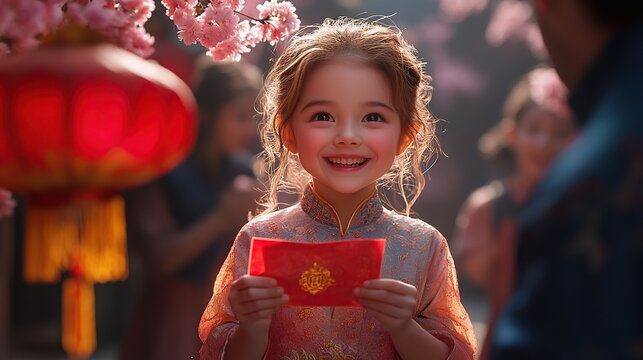Happy child holding red envelope during celebration.