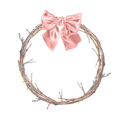 Watercolor wreath with dry bare branches and pale pink bow. A hand-drawn illustration of a leafless branch on an isolated background. A botanical drawing for printing design, greeting cards.