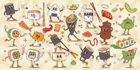 Cartoon retro groovy japanese sushi and roll characters, vector asian food. Nigiri maki, gunkan, hosomaki, uramaki and temaki sushi with rice and seafood, salmon rolls, sashimi and wasabi personages