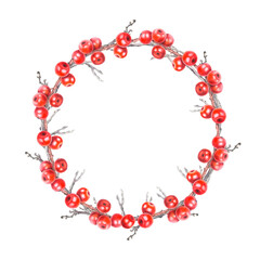 Christmas wreath with holly berry branches and dried boughs. Hand drawn watercolor illustration of ilex on an isolated background. Botanical design for greeting cards, invitations. New Year's theme.