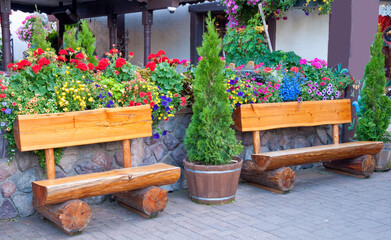 Two funny benches over stone wall and flowers.