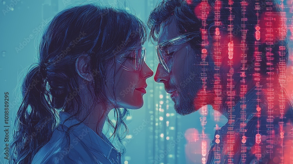 Poster two scientists analyzing complex genetic data in futuristic lab