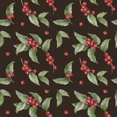 Watercolor red wild berries with green branches. Hand painted Christmas holiday seamless pattern on dark background. Floral illustration for design, print, fabric or background