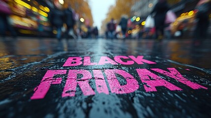 A close-up of a pink Black Friday inscription on the asphalt against a background of blurred people with colorful bags. The concept of discounts and sales