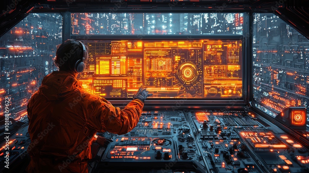 Poster futuristic engineer operates advanced control panel in high-tech environment