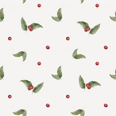 Watercolor red wild berries with green branches. Hand painted Christmas holiday seamless pattern on dark background. Floral illustration for design, print, fabric or background
