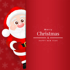 Merry Christmas and Happy New Year. Card, banner template with cute santa claus on red background. Vector Illustration © Svitla
