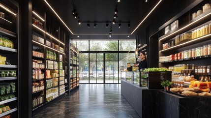 A modern grocery store interior showcasing various food items and beverages on shelves.