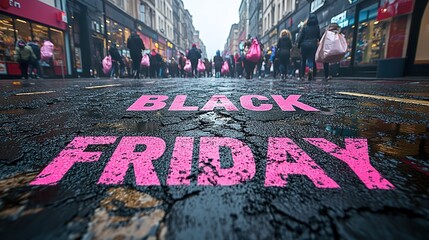 A close-up of a pink Black Friday inscription on the asphalt against a background of blurred people with colorful bags. The concept of discounts and sales