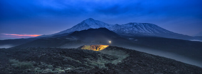 Sunrise view to the Tolbachik volcano in the Kamchatka Peninsula in Russia.