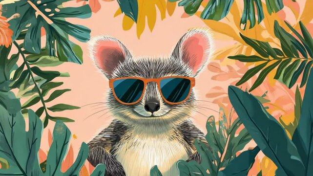 A cute koala wearing sunglasses peeks out from behind tropical leaves