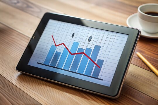 Tablet displaying downward graph analyzing business performance in recession