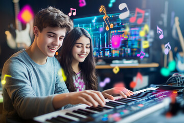Two smiling teenagers create music together on a digital keyboard in a modern studio setting.
